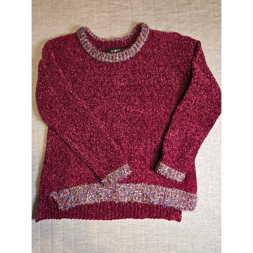 1408 Amy Byer Girls Burgundy Chenille Sweater Metallic Tinsel Trim XL 16 Holiday